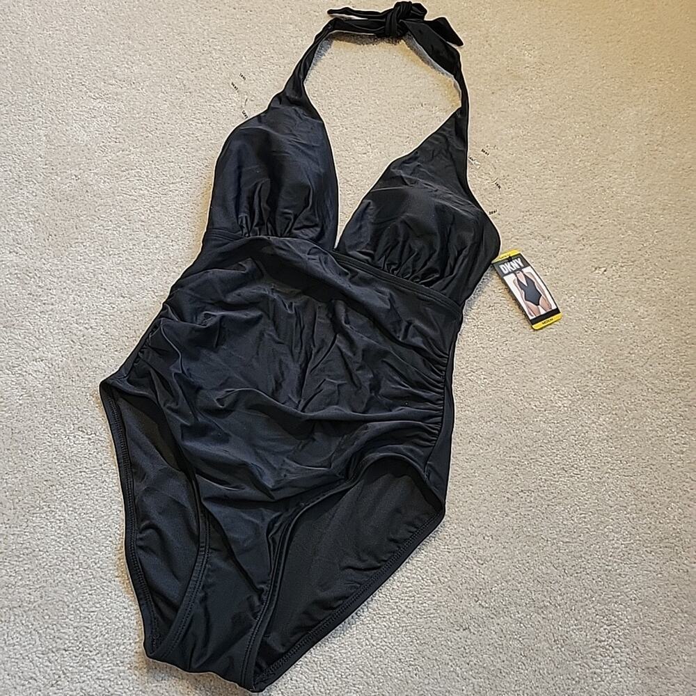 DKNY NWT One Piece Swimsuit Womens M Black Rouched Slim Sides V Neck Tie Halter